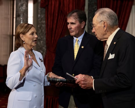 Darline Graham Nordone, sister of late senator Lindsey Graham, is ceremonially sworn in by Senate president pro tempore Chuck Grassley on Capitol Hill, 14 July 2026.