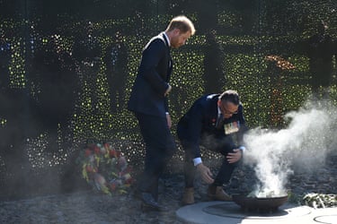 Prince Harry attends a smoking ceremony at the ‘For Our Country’ memorial during his visit to the Australian War Memorial in Canberra