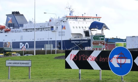Loyalist graffiti can be seen opposite the entrance to Larne harbour on February 10, 2021 in Northern Ireland