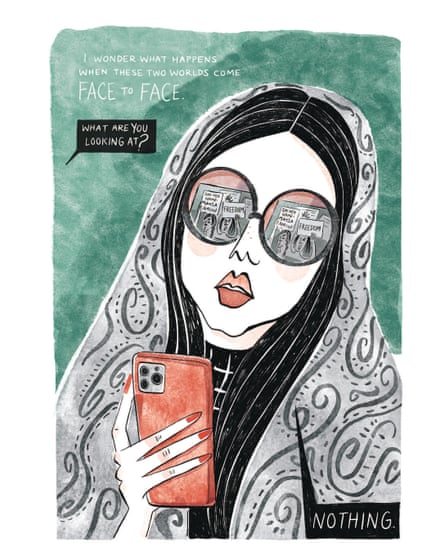 A panel from the book with the image of a rich young woman looking at her phone and images of protesters reflected in her glasses