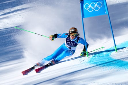 Federica Brignone, complete with tiger helmet, during the giant slalom