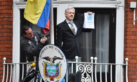 Julian Assange addresses the media outside the Ecuadorian embassy