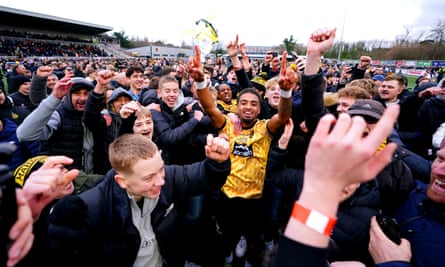 Maidstone’s Liam Sole enjoys the third-round win at home to Stevenage with fans.