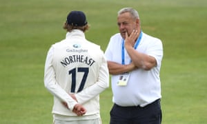 Hampshire captain Sam Northeast speaks to liaison officer Graham Cowdrey at Canterbury in September