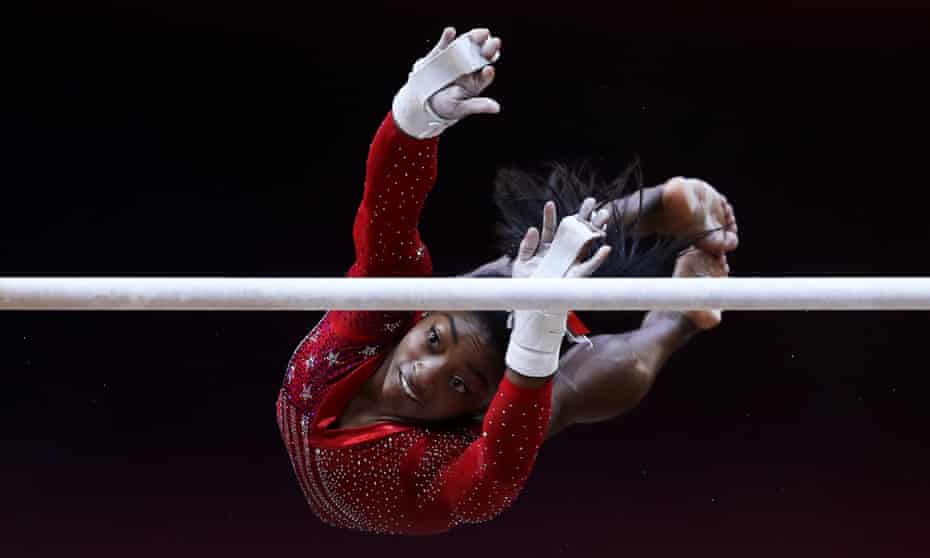 Simone Biles on the balance beam during the women’s team final in Doha. 