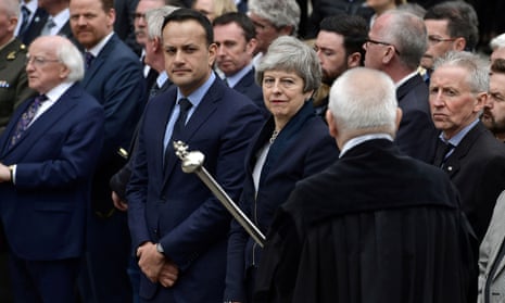 Politicians including the taoiseach, Leo Varadkar, centre left, and the British prime minister, Theresa May, at the funeral of the journalist Lyra McKee.