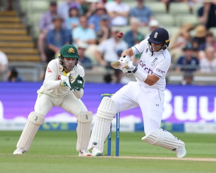 The England batter Joe Root plays a reverse ramp against Australia that goes for six.