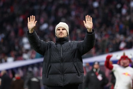 Timo Werner waves to fans at his Leipzig farewell.