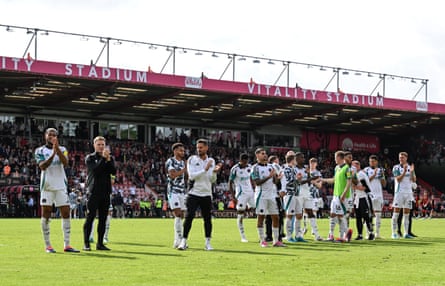The Newcastle United manager, Eddie Howe, and players applaud the travelling fans after last season’s 1-1 draw at Bournemouth