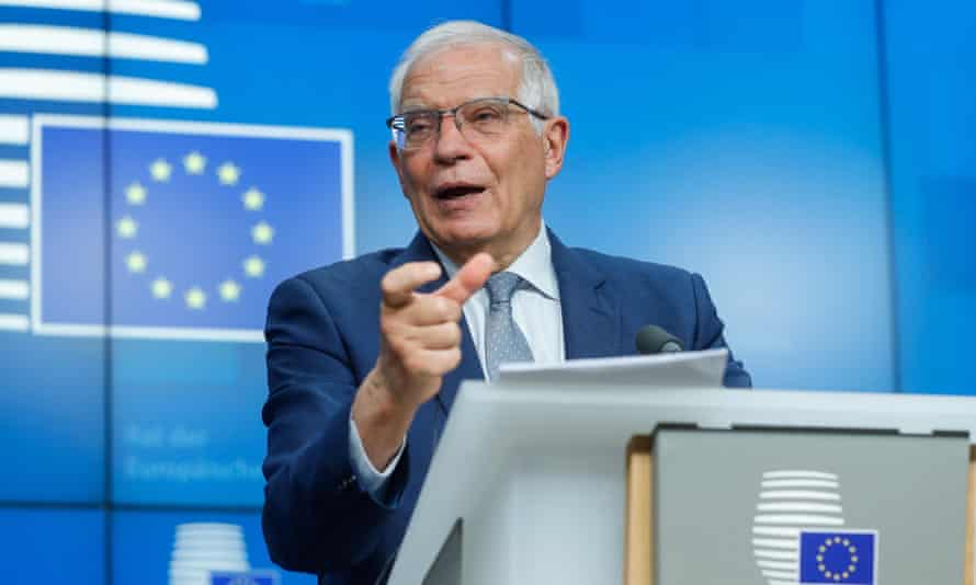 EU foreign policy chief Josep Borrell speaks to reporters following a EU Defence Ministers Council in Brussels, Belgium.