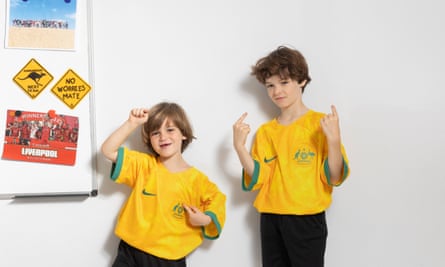 England’s united nations of football: 32 teams, one World Cup – and a lot of excited kids | World Cup 2022 6 Wilf and Archie Dehlson wearing yellow Australia shirts