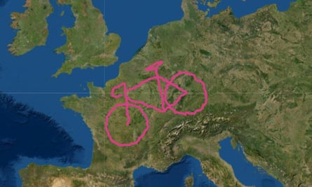 The GPS image of a bike, which took 4,500 miles of riding to create.