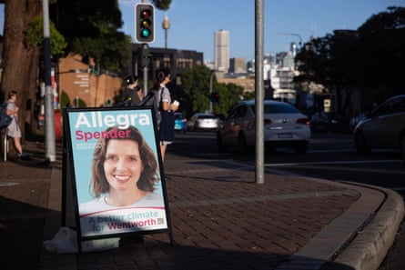 A campaign sign for independent candidate Allegra Spender at Edgecliff train station in Sydney