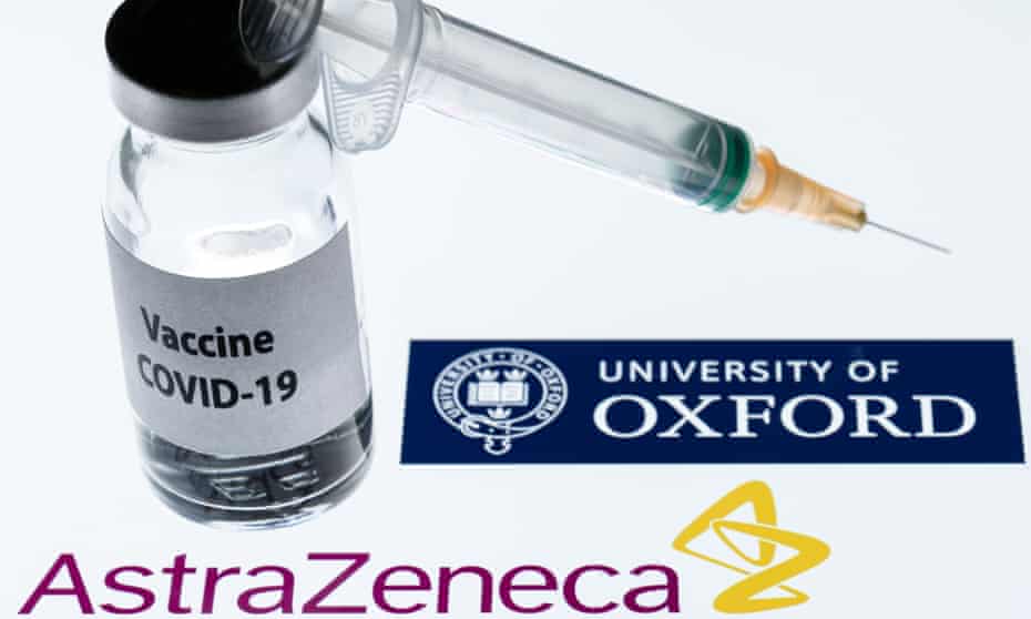 syringe and a bottle reading "Covid-19 Vaccine" next to AstraZeneca company and University of Oxford logos.