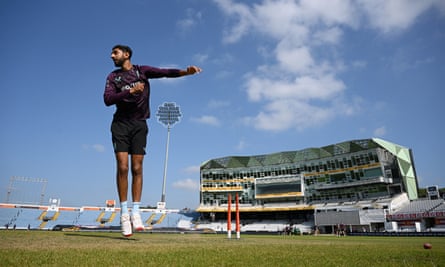 Shoaib Bashir of England bowls in the nets at Headingley