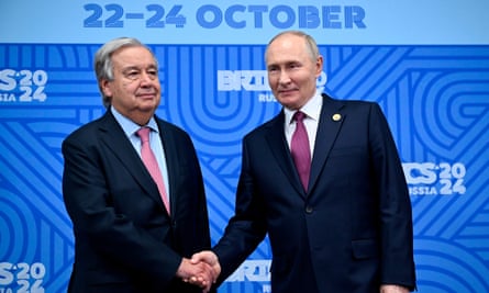 The UN secretary general, António Guterres, meeting Vladimir Putin, in Kazan, Russia, 24 October 2024.
