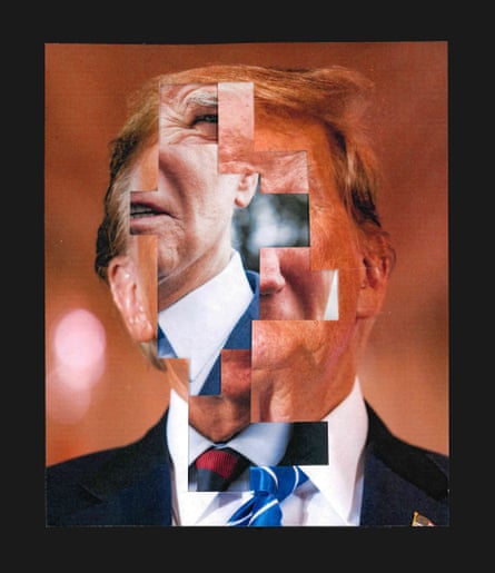 A photo illustration of Donald Trump’s portrait, with blocks of overlay of Joe Biden. Creepily only one half-eyeball is visible.