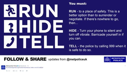 Screengrab from the tweet issued by Metropolitan Police advising people what to do if they were caught up in the terrorist incidents at London Bridge and Borough Market.