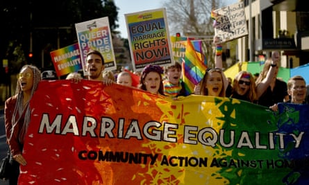 Supporters of marriage equality at a protest march in Sydney.