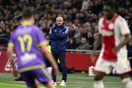 Alfred Schreuder watches from the sidelines during Ajax’s 1-1 draw with Volendam