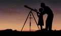 Man and girl using telescope, illustration<br>Illustration of a young girl looking through a telescope, seen in silhouette a starry night. The girl is using a reflecting telescope. In the sky, the constellation of Orion can be seen.