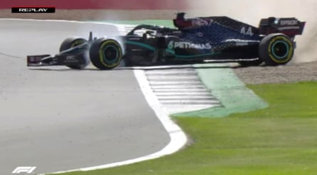 Lewis Hamilton spins off the track during qualifying for the F1 Grand Prix of Great Britain at Silverstone in August 2020.