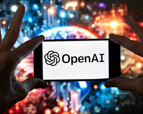 The OpenAI logo displayed on a cell phone in front of an image generated by ChatGPT's Dall-E text-to-image model
