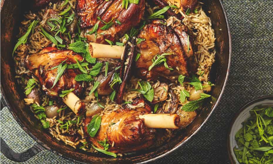 Yotam Ottolenghi's Greek lamb shanks with rice and lemon.