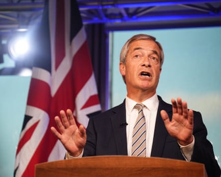 Nigel Farage speaking at a lecturn.