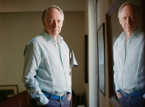 Writer Ian McEwan at his home in London, 2022, face on and reflected in a mirror