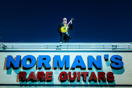 Harris on the roof of Norman’s Rare Guitars in Los Angeles.