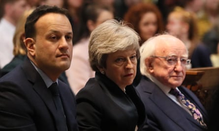The then Irish taoiseach Leo Varadkar, Theresa May and Irish president Michael D Higgins at the funeral of Lyra McKee in Belfast in 2019.