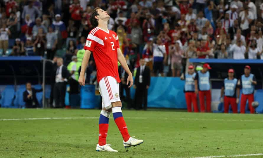 Mario Fernandes of Russia reacts after missing his team’s third penalty in the penalty shootout.