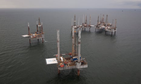 Unused oil rigs sit in the Gulf of Mexico in 2010. 