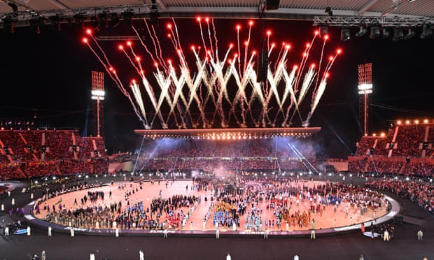 Fireworks explode over the stadium during the opening ceremony of the Commonwealth Games.