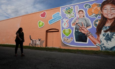 Veronica Mata visits a mural honoring her daughter, Tess, in Uvalde on 3 May.