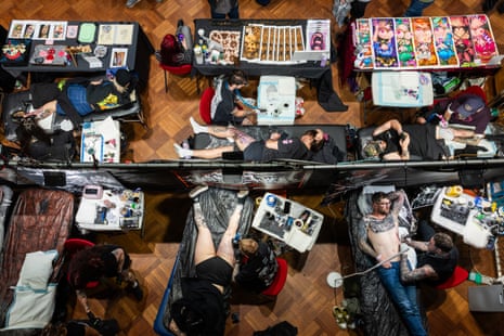 View of tattooists at work from the top floor of the town hall