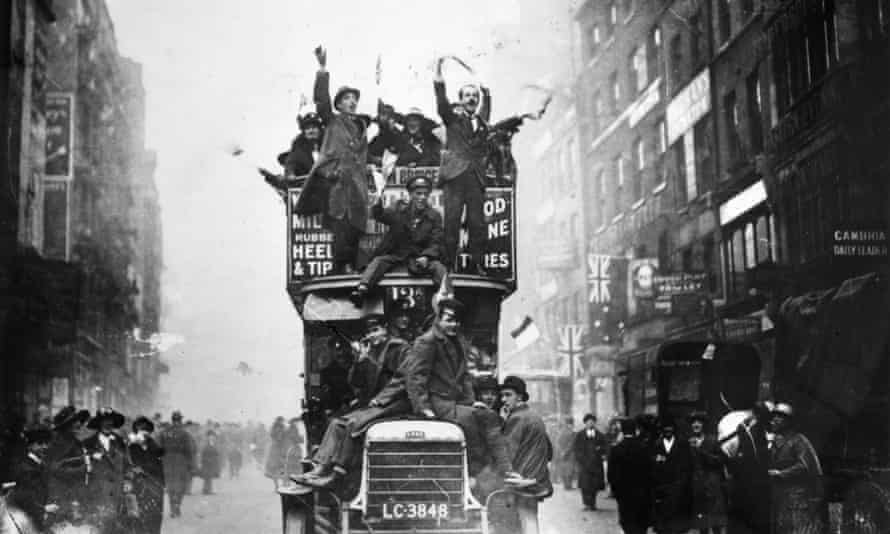 Crowds celebrating the signing of the armistice, 11 November 1918.