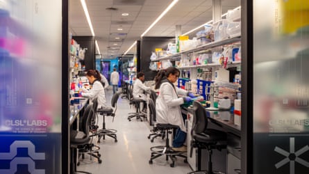 A lab with technicians working at stations.