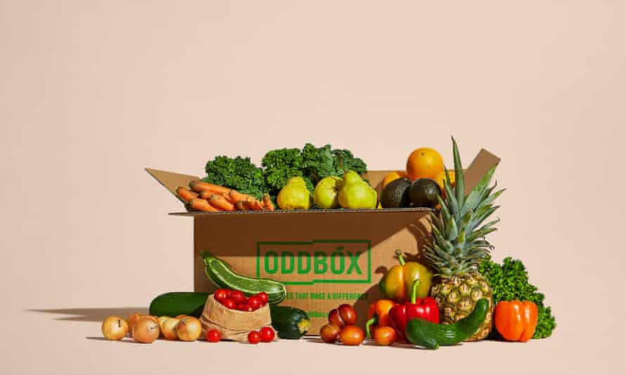 A box of packed with fruit and vegetables from Oddbox