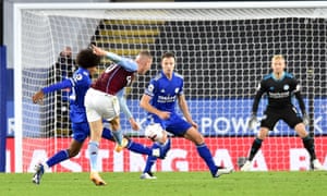 Ross Barkley shoots to score the winner for Aston Villa, past Kasper Schmeichel in the Leicester goal