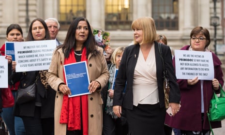 MP Yasmin Qureshi (fourth from left) and Marie Lyon, chair of the Association for Children Damaged by Hormone Pregnancy Tests (second from right), with families affected by the drug Primodos in 2017.