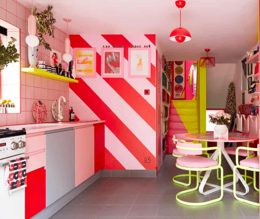 The kitchen with flashes of neon colours and clashing stripes, lacquered tubular steel chairs, 1980s kitchenalia, and Quirk & Rescue homeware.