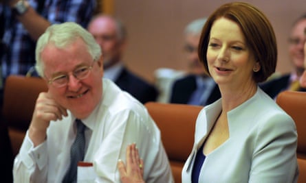 Terry Moran with the former prime minister Julia Gillard