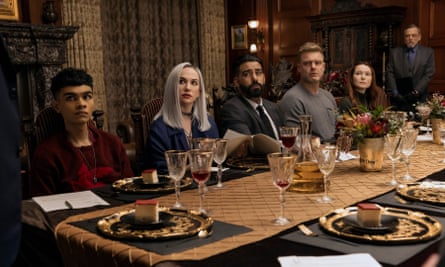From left: Sauriyan Sapkota, Kate Siegel, Rahul Kohli, Matt Biedel, Samantha Sloyan, Mark Hamill in The Fall of the House of Usher.