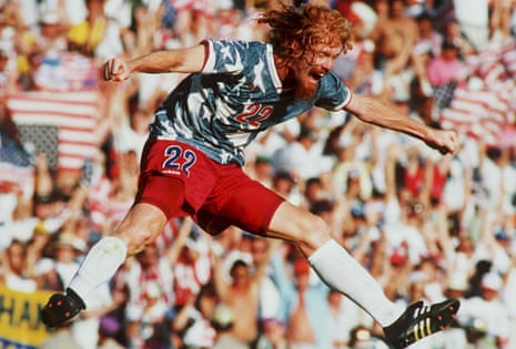 US national team defender Alexi Lalas jumps in the air 22 June 1994 as he celebrates after the US defeated Colombia in their World Cup match at the Rose Bowl in Pasadena, California. The US won their match 2-1