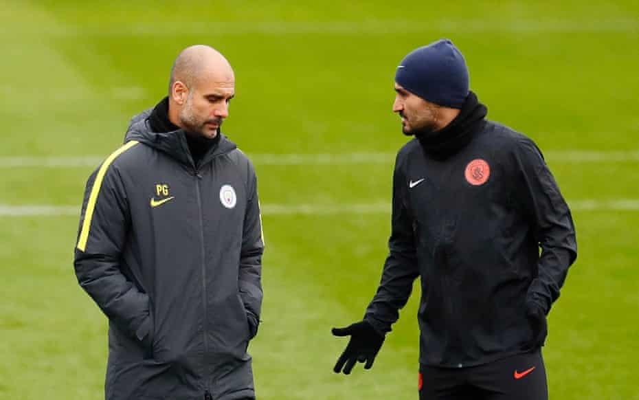 Pep Guardiola and Gundogan during training in 2016. The German international was the Spaniard’s first signing for Manchester City