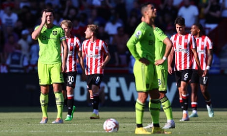 Manchester United's Harry Maguire looks dejected after Brentford's Bryan Mbeumo scored their fourth goal.