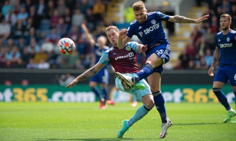 Burnley’s Ashley Barnes picks up a booking for a foul on Stuart Dallas of Leeds in August