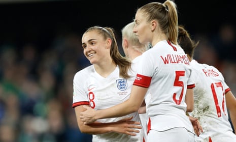 Georgia Stanway of England celebrates with team-mate Leah Williamson after scoring their team’s fifth goal.